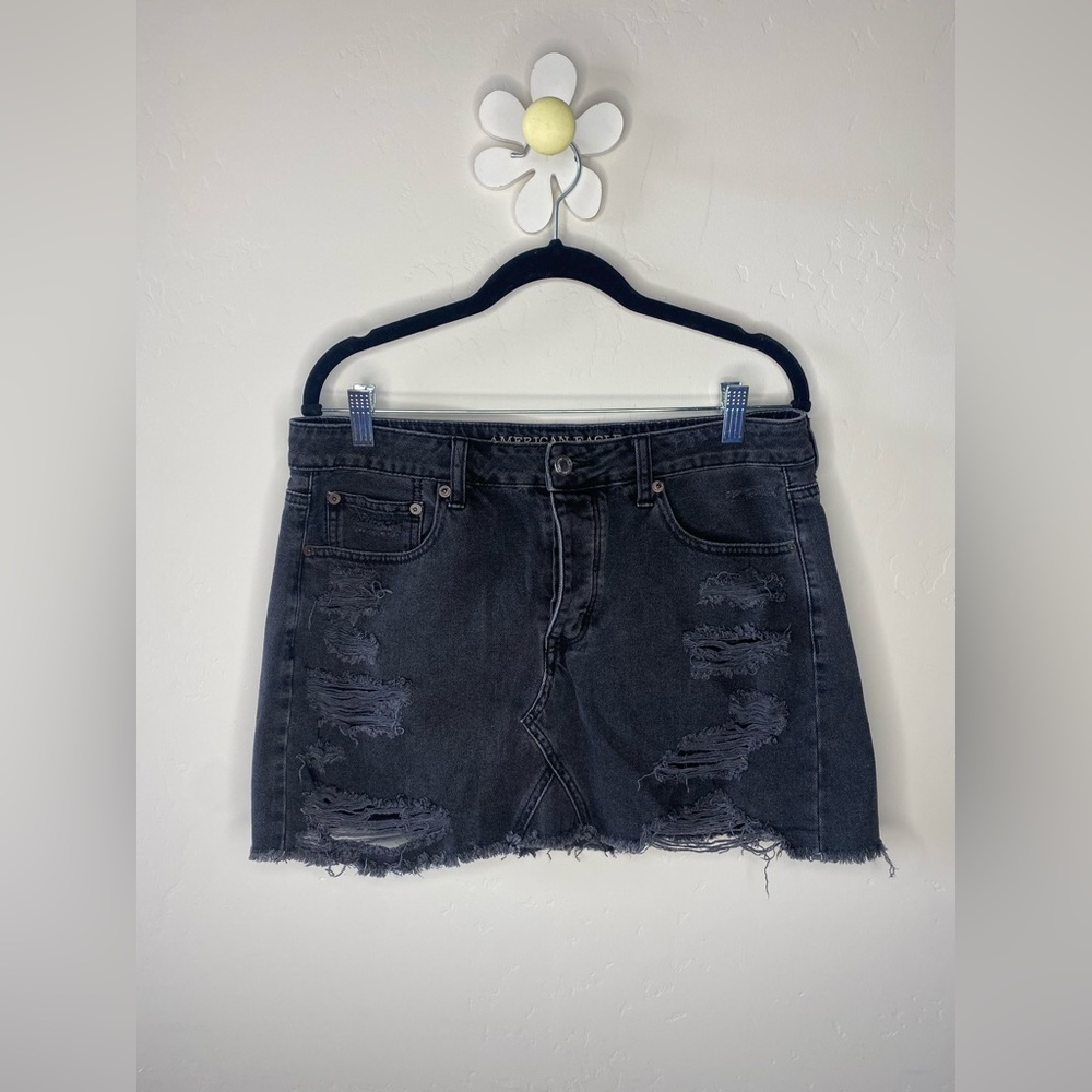 AE Black Washed Destructed Jean Skirt